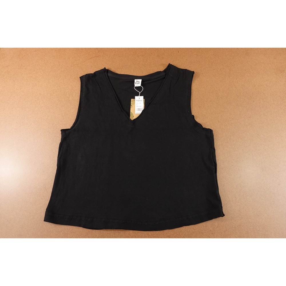 Day Break Womens Large Black V Neck Sleeveless Raw Edge Detail Pullover Top NWT